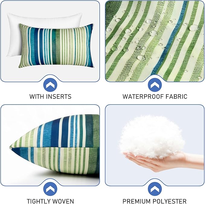 Pack of 2 12x20 Outdoor Pillows, Waterproof Throw Pillows with Inserts, Decorative Lumbar Pillows for Patio, Garden, Couch, Furniture, Sofa, Bed, Living Room(Stripe Blue Green)