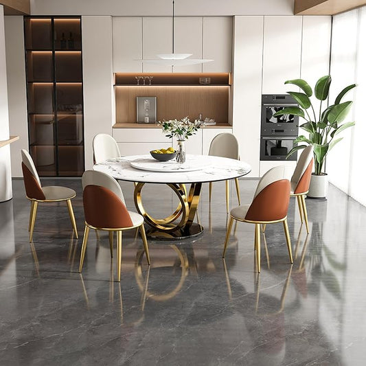 Dining Table Set with 6 Chairs, 59" Round Modern Marble Dining Table with Lazy Susan, Sintered Stone Top for Kitchen, Dining Room, Dinette