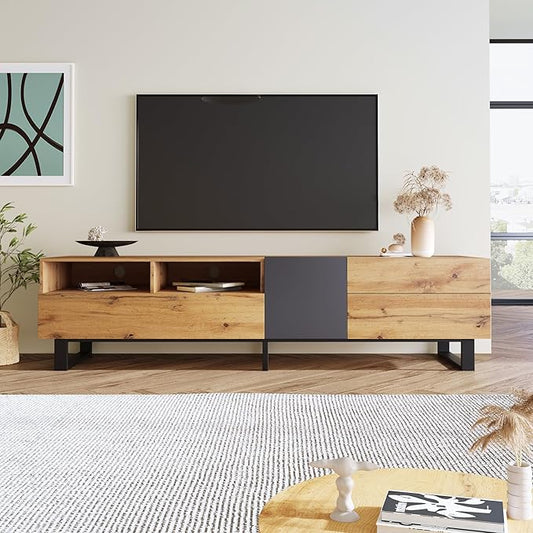 Merax Modern TV Entertainment Center with 3 Cabinets & Open Shelves, Wood TV Stand for TVs Up to 80” for Living Room Bedroom (Wood Color)