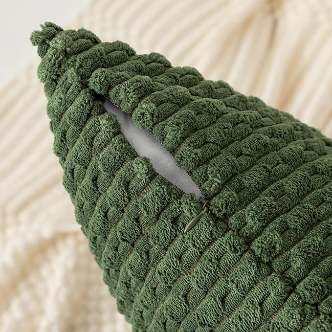Kevin Textile Throw Pillow Covers Soft Corduroy Decorative Set of 2 Boho Striped Pillow Covers Pillowcases Farmhouse Home Decor for Couch Bed Sofa Living Room 24x24 Inch Moss Green