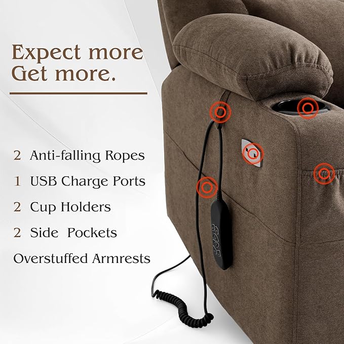 Power Lift Recliner Chair for Elderly with Extended Footrest, Infinite Position Lay Flat Recliner Chair for Adult W/Massage & Heating, Adjustable Headrest, 3-Motor Zero Gravity,Cup Holder, Fabric