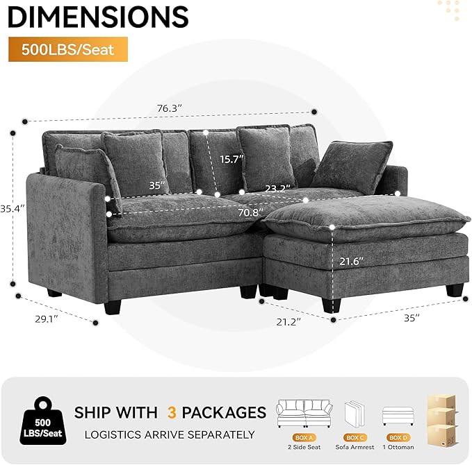 76'' Cloud Deep Seat Loveseat Sofa, Upholstered Chenille Modular 2-Seats Sectional Sofa Couch with Movable Ottoman, Modern Comfy Settee Loveseat for Living Room Set, Small Apartment, Grey