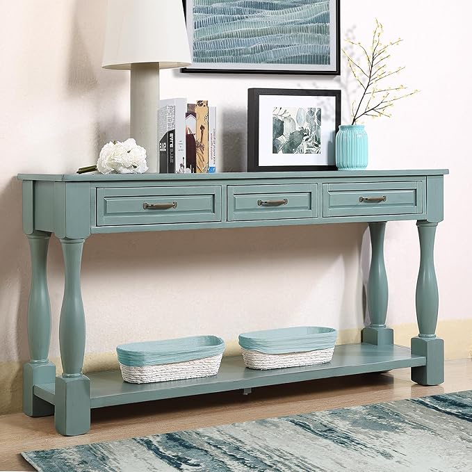 63inch Solid Wood Console Table with 3 Drawers and 1 Bottom Shelf Extra-Thick Sofa Table(Retro Blue)