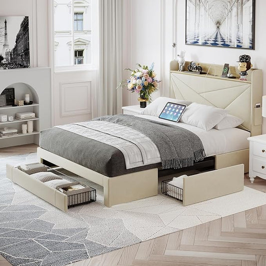 Full Size Bed Frame with 3 Drawers, Upholstered Bed Frame Full Size with Storage Headboard, AC USB & Type C Charge Station, Wooden Support Slats No Box Spring Needed Easy Assembly, Beige