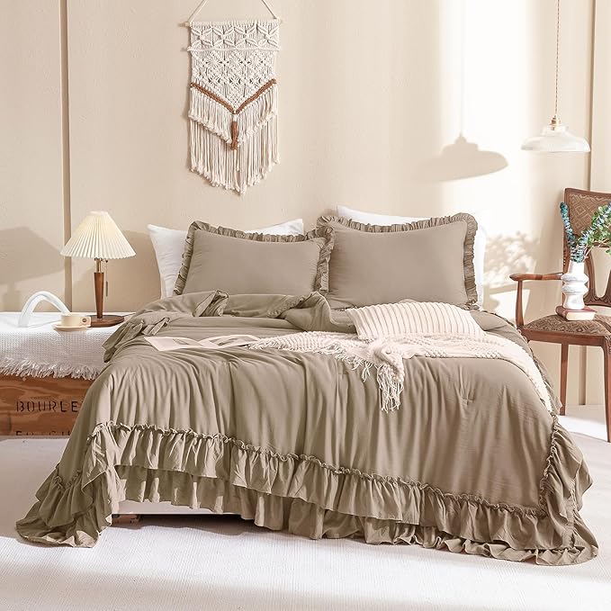 QSH Ruffled Comforter Set King Size,3PCs Light Taupe Shabby Boho Chic Bedding Comforter Sets King, Ultra Soft Farmhouse Lightweight Microfiber Inner Fill Bed Comforter Set