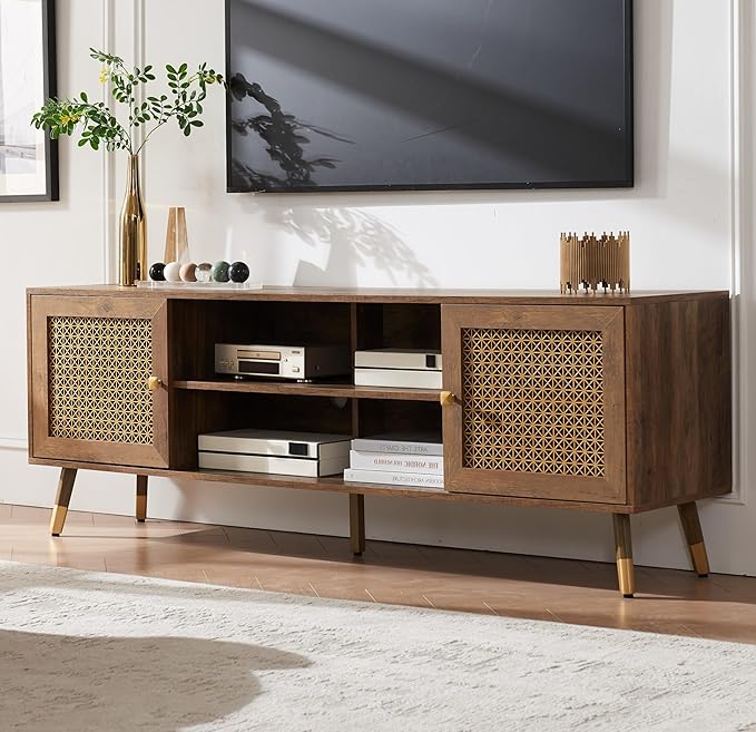 JYED Mid Century Modern TV Stand and Console for TVs Up to 75 inch - Rustic Oak Entertainment Center, 2 Gold Metal Mesh Doors & MDF Wood Grain, 15.8" D x 66" W x 23.5" H