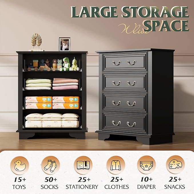 WLIVE Farmhouse Dresser for Bedroom, Tall Wood Dresser with 4 Drawers, Chest of Drawers with Roman Metal Handle for Living Room, Hallway, Closet, Black