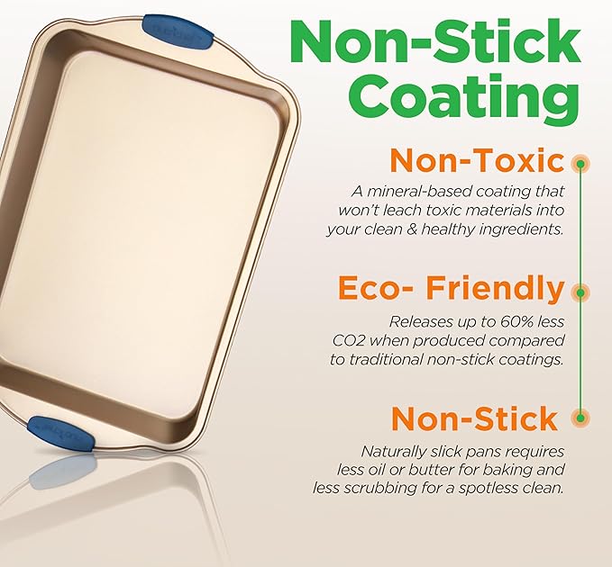 NutriChef 8-Piece Nonstick Bakeware Set - Heavy Duty Carbon Steel Baking Pans w/ Blue Silicone Handles - Pizza Crisper, Muffin & Loaf Pan, Round & Square Pans, Cookie Sheet - Champagne Gold