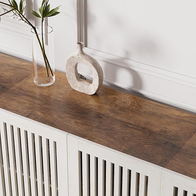 Farmhouse TV Stand for TVs up to 85 inch, 2 in 1 Entertainment Center TV Console with Storage Cabinets and Metal Base,Media Console for Living Room, Antique White