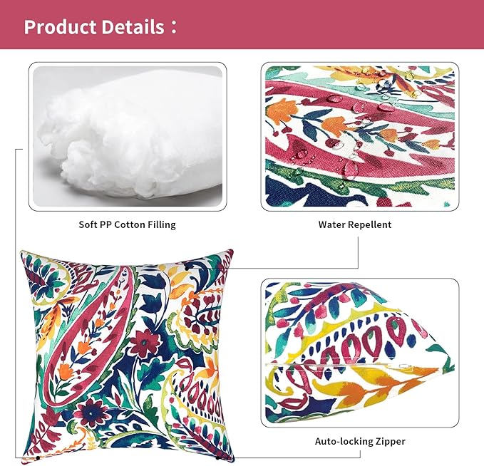 Outdoor Pillows for Patio Furniture 18x18 inch, Square Outdoor Throw Pillows with Inserts, Decorative Toss Pillows for Garden Couch Home Sofa Office Chair, Pack of 2, Vigour Paisley