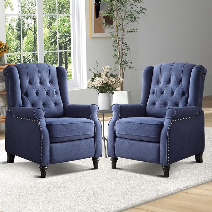 EBELLO Pushback Recliner Chair, Fabric Armchair Push Back Recliner with Rivet Decoration, Single Sofa Accent Chair for Living Room, Bedroom, Navy Blue