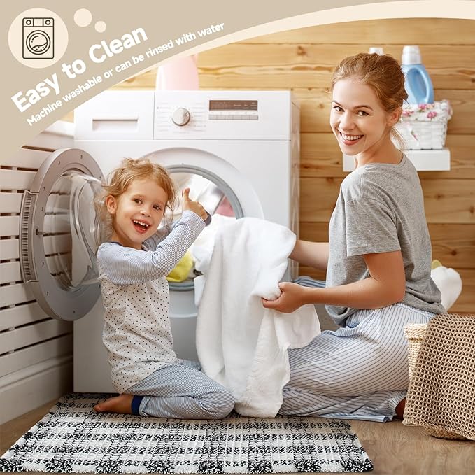 Waffle Runner Rug Bathroom, Long Boho Bathroom Rugs Non Slip Washable Absorbent Checkered Bathroom Mat Quick Dry Farmhouse Bath Mat, 60"x24" Black and White