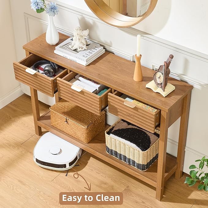LEYAOYAO Fluted 47.2" Console Table with 3 Drawers, Modern Wood 2 Tier Entryway Table with Open Storage Shelf, Boho Sofa Entry Tables Behind Couch for Living Room, Hallway, Entrance Foyer, Tea Brown