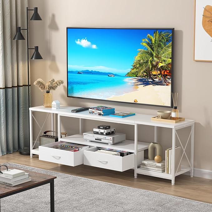 TV Stand with Fabric Drawers for 55 60 65 Inches TV - Entertainment Center and Industrial TV Console Table with Open Storage Shelves for Living Room, Bedroom - 55.1" White