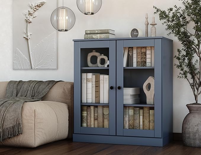 Palace Imports Solid Wood Bookcase - Floor Standing Bookshelf - 32” W - Display Furniture, Renewable 100% Eco-Friendly Wood, Made in Brazil (Antique Blue, Clear Glass Doors | 3-Shelf Short Bookcase)