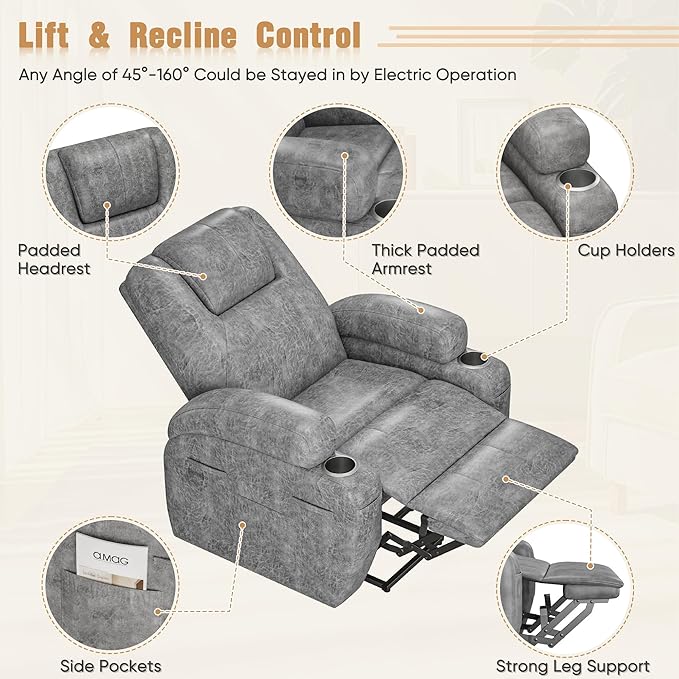 Power Lift Recliner Chair with Massage Electric Lift Chair for Elderly, Ergonomic Recliner with Cup Holders & Side Pockets, Modern Single Sofa for Living Room (Leathaire, Light Gray)