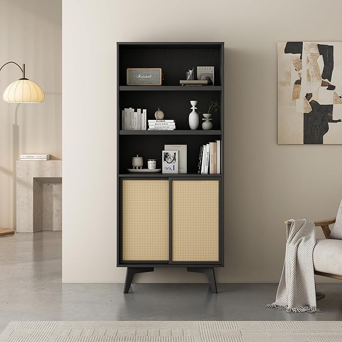 MUSEHOMEINC 5-Tier Tall Bookcase with Sliding Rattan Doors, Black Wooden Bookshelf with Storage, Farmhouse Office Bookshelves for Living Room,Office, Bedroom