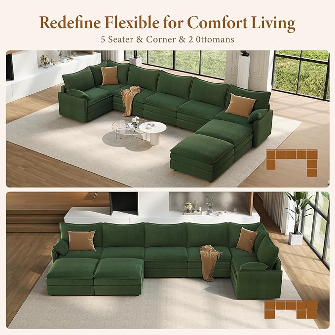 Vesgantti Large Modular Sectional Sofa, Big Comfy Cloud Couch with Ottoman Deep Seat Chenille Cloud Sofa, 8 Seater Large Sectional Couches for Living Room, Bedroom and Apartment, Green