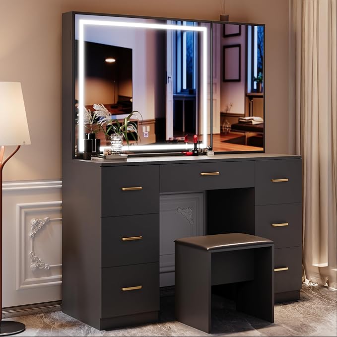 Makeup Vanity Desk with Large Mirror and LED Lights,Vanity Stool&Storage Bench,White Vanity with Hidden Storage Mirror Cabinet&7 Drawers,Makeup Organizer Countertop for Room (Black)