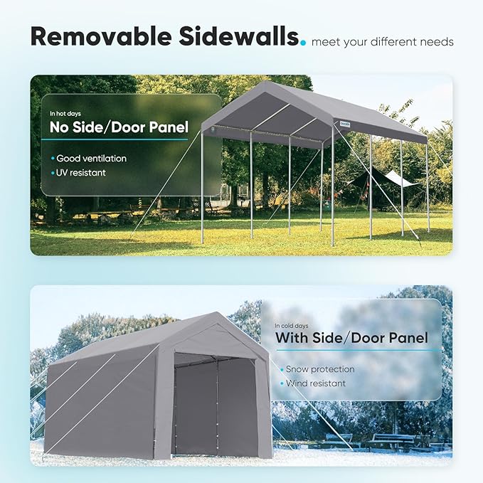 ADVANCE OUTDOOR 10x20 ft Heavy Duty Carport Garage Shelter, Adjustable Height (6.5-11ft) Waterproof Canopy with Removable Sidewalls for Cars, RV, Boat, Truck, Party - Gray