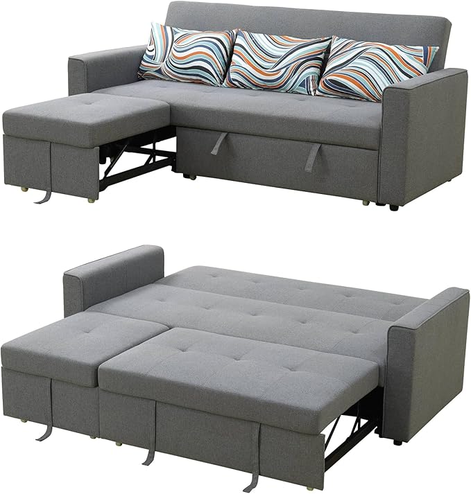 77 Inch Convertible Pull Out Sofa Bed, Sleeper Couch with Fluffy Fabric, 3 Seat Living Room Sofa Set with Adjustable Backrest for Living Room, Bedroom, Apartment, Grey