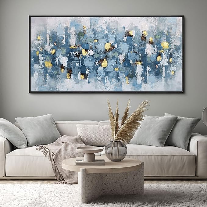 KLAKLA Blue and White Abstract Wall Art - Living Room Wall Decor Gold Picture Artwork for Walls Prints Paintings Framed Canvas Bedroom Office Guest Room Home Decoration 58x29 Inches
