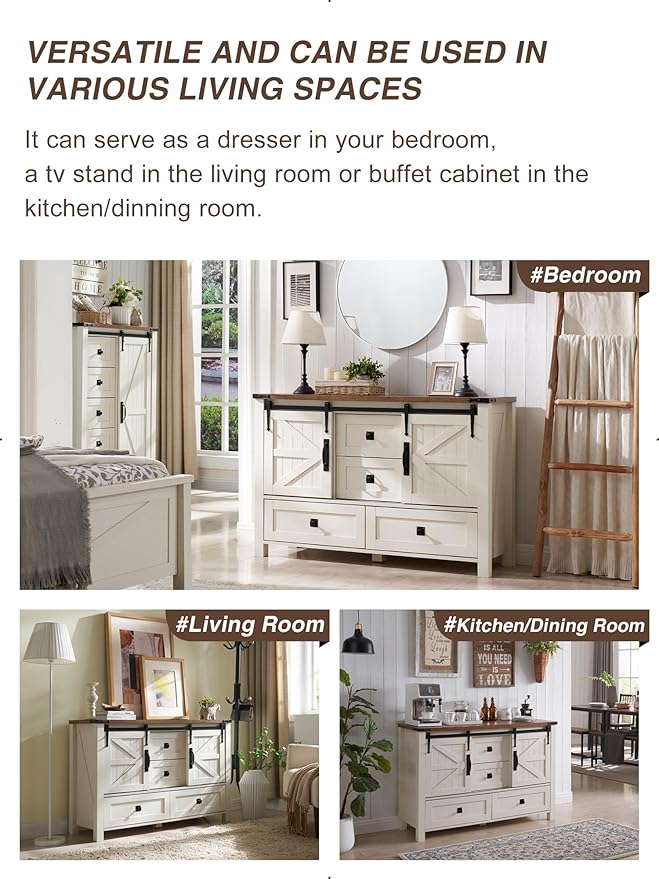 T4TREAM Farmhouse Dresser for Bedroom w/4 Drawers & Sliding Barn Doors, 48'' Wide Chest of Drawers, Rustic Dresser TV Stand w/Shelf, Organizer for Bedroom, Living Room, Entryway, Antique White