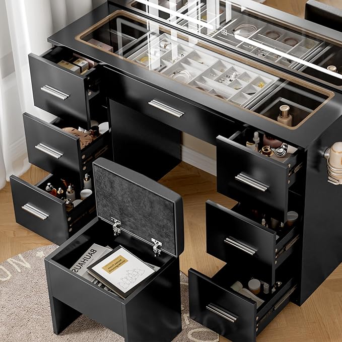 Makeup Vanity Desk with Lights, 46'' Glass Top Vanity Set with Charging Station, 7 Drawers Vanity Table with Cushioned Stool, 3 Lighting Modes Brightness Adjustable,Black