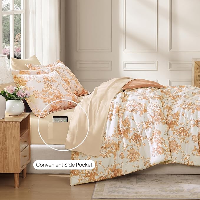 Full Comforter Set -7 Pieces Autumn Leaf Floral Comforter Set for All Seasons, Bed in a Bag Full with Botanical Flowers Comforter, Sheets, Pillowcases & Shams