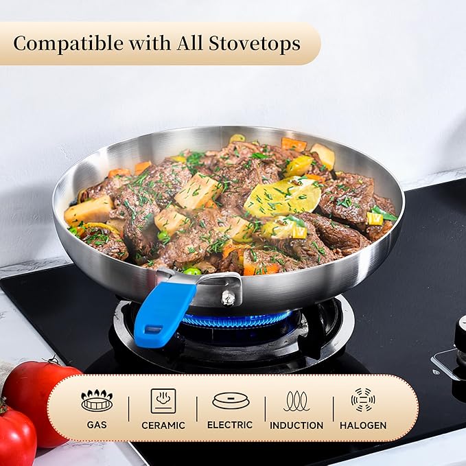 Inqibee 8.5-10-12 Inch Tri-Ply Stainless Steel Frying Pan Set with Lids,Skillets,Induction Cooking Pans,Pots and Pans Set,Dishwasher and Oven Safe,Detachable Handle