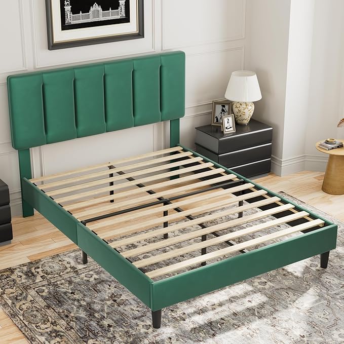 VECELO Queen Bed Frames, Upholstered Platform Bedframe, Adjustable Headboard, Wood Slat Support, No Box Spring Needed, Easy Assembly, Dark Green