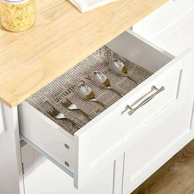 HOMCOM 41" Modern Rolling Kitchen Island on Wheels, Utility Cart Storage Trolley with Rubberwood Top & Drawers, White
