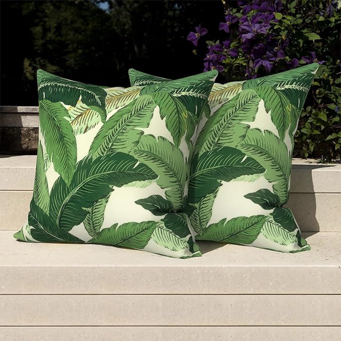 Pack of 2 Patio Throw Pillow Covers ONLY, Water Repellent Cushion Cases 20x20 Inch, Square Pillowcases for Outdoor Couch Decoration, Swaying Palms Green