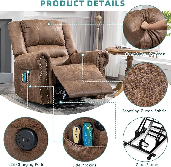 MEETWARM Large Power Lift Electric Recliner Chair for Elderly with Massage and Heat, Overstuffed Wide Recliner, Heavy Duty Sofa for Living Room with 2 Remote Control/USB Ports/Side Pockets(Brown)