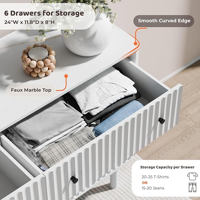 Fluted 6 Drawers Dresser for Bedroom, 54" Wide Modern Chest of Drawers with Faux Marble Top, Curved Profile Design, Solid Wood Legs, Wodden Dresser TV Stand, Storage Organizer for Bedroom, White