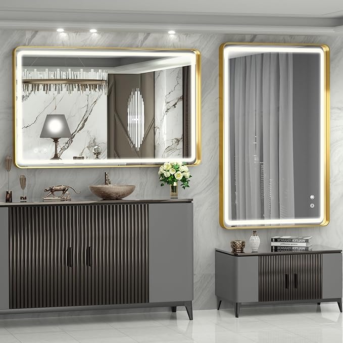 Hasipu LED Bathroom Mirror with Lights 40 x 26 Inch, Gold Metal Frame Light Mirror for Vanity Anti-Fog, Dimmable, 3 Colors (Horizontal/Vertical)