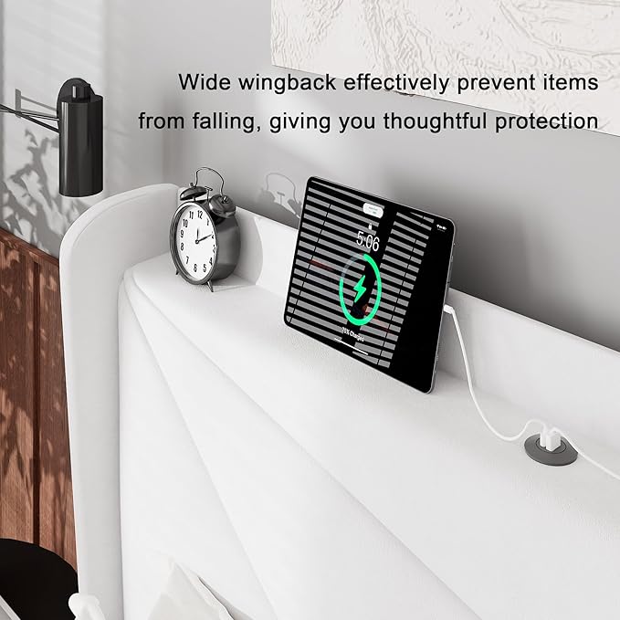 Feonase Queen Size Bed Frame with Charging Station, Velvet Upholstered Platform Bed Frame with Wingback Storage Headboard, Solid Wood Slats Support, No Box Spring Needed, Noise Free, White