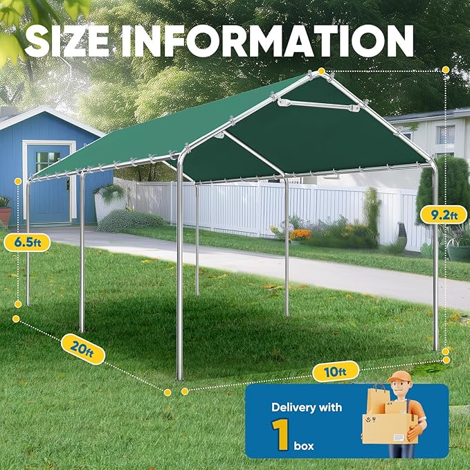 Quictent 10x20 ft Heavy Duty Carport Canopy Galvanized Car Tent Outdoor Garage Boat Shelter with Reinforced Structure, No Sidewall - Green