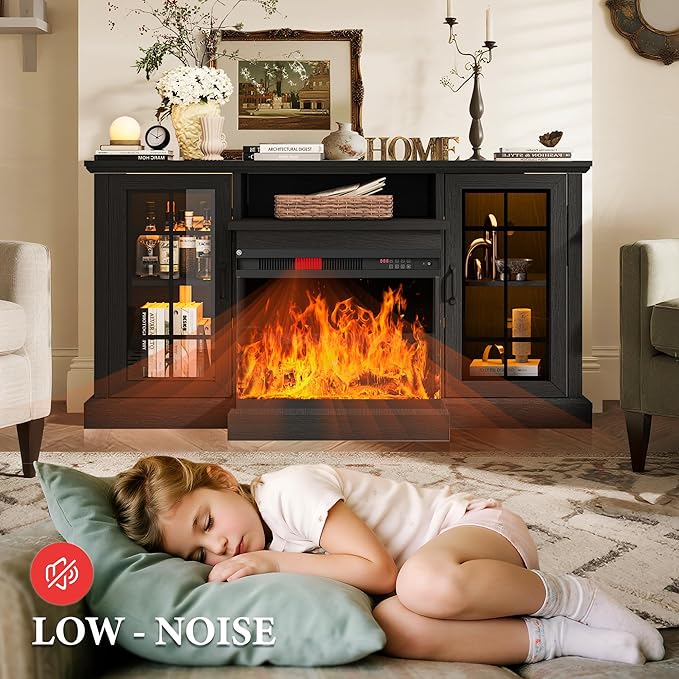 MXV 59'' Fireplace TV Stand, Farmhouse Entertainment Center with 3 Sided Glass TV Stand, Modern Media Console Table with Storage Drawers & Cabinets with LED Flame and Lights for Living Room, Black