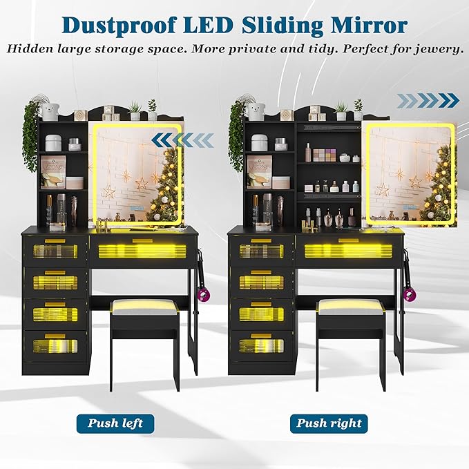 Vanity Desk with Lights and Sliding Mirror, Makeup Vanity Desk with Charging Station, Vanitys Dressing Table with Stool,LED Vanity Set with Large Drawers&Shelves for Bedroom, Decor, Black