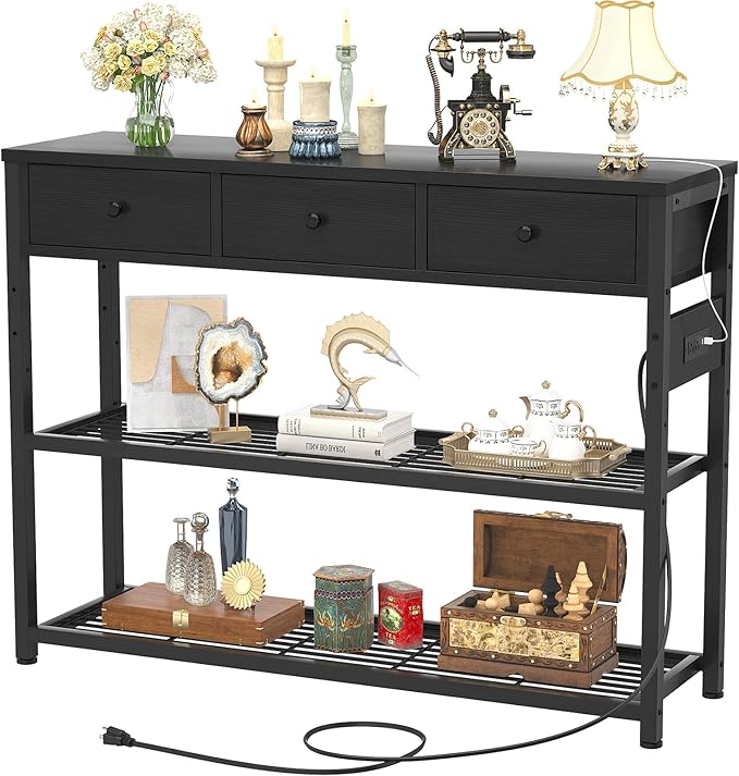 Ecopriso 47'' Entryway Table with Outlets and USB Ports, Console Table with 3 Drawers, Sofa Table Narrow Long with Storage Shelves for Living Room, Couch, Hallway, Foyer, Kitchen Counter, Black