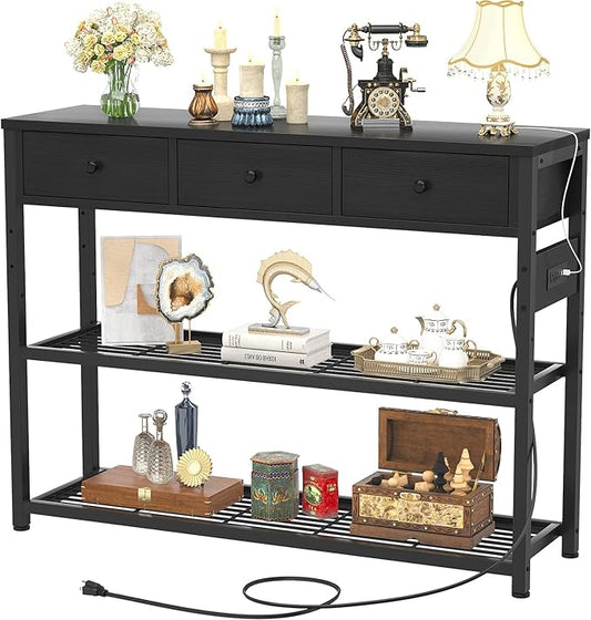 Ecopriso 47'' Entryway Table with Outlets and USB Ports, Console Table with 3 Drawers, Sofa Table Narrow Long with Storage Shelves for Living Room, Couch, Hallway, Foyer, Kitchen Counter, Black