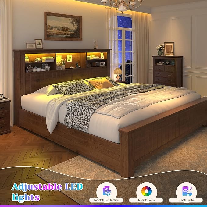 EnHomee King Size Bed Frame and Headboard & Storage,4 Drawers and LED Built in Charging Station King Bed Frame with Storage Farmhouse, NO Noise,No Box Spring Needed,Brown
