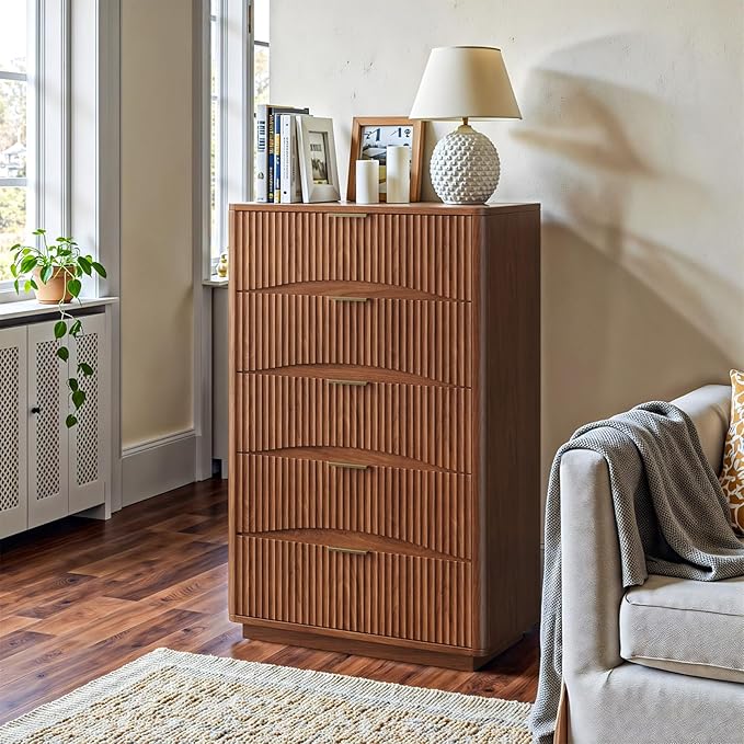 Fluted 5 Drawers Dresser, 47" Tall Wooden Dressers Storage Organizer,Modern Chest of Drawers for Bedroom with Deep Storage, Living Room,Entryway, Walnut