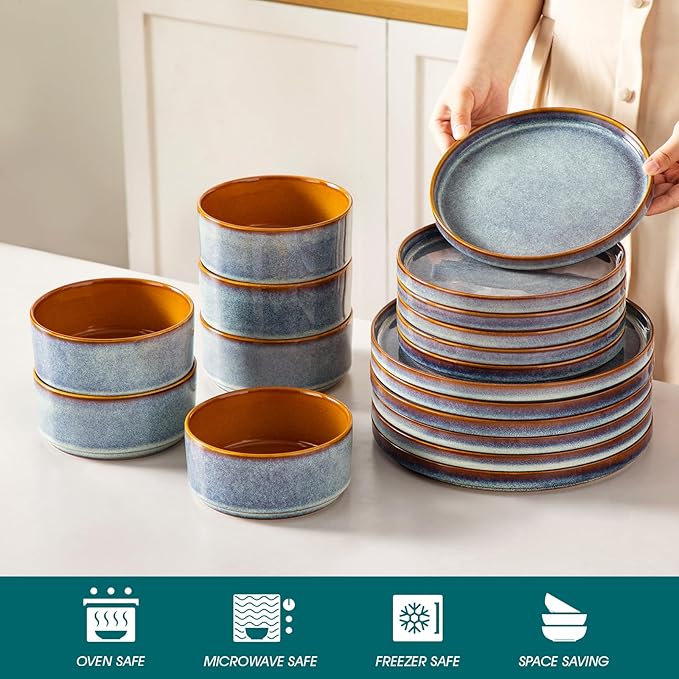 vancasso ONION Ceramic Plates and Bowls Sets, 18 Pieces Blue Dinnerware Sets for Kitchen, Reactive Glaze Dishes Set for 6, Dishwasher and Microwave Safe