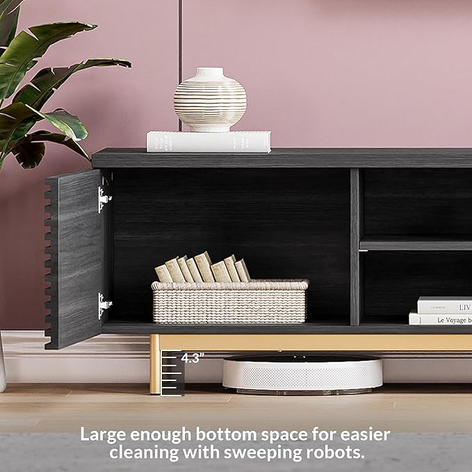 BELLEZE 68" Fluted TV Stand for TV up to 75", Modern Entertainment Center with Storage Cabinet, Slatted Door Decorated Media Console Table, Home Living Room Bedroom Furniture(Ebony)