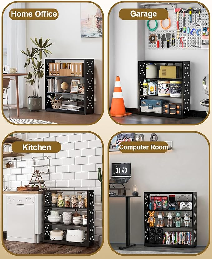 Book Shelf, 3-Tier Adjustable Bookcase with Anti-Tip Kit & Leveling Feet, Heavy-Duty Metal Storage Organizer, Modern Corner Shelves for Kitchen, Garage, Home Office - Black