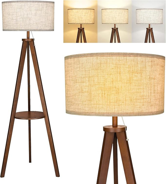 ELYONA Solid Wood Tripod Floor Lamp 3 Color Temperatures LED Blub Tall Standing Light with Table Mid Century Modern Corner Reading Floor Lamp for Living Room Bedroom Office Pull Chain Controls Brown