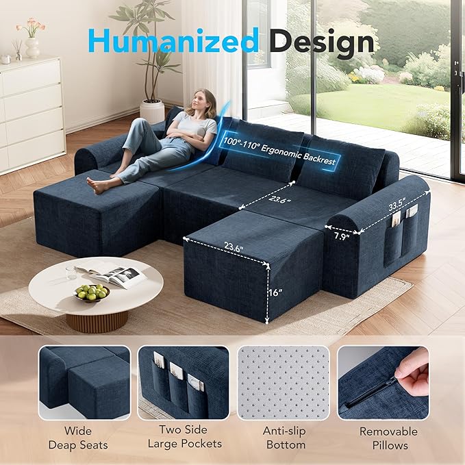 Cloud Sectional Couch with 2 Ottomans & 3 Pillows, Boneless Couches for Living Room, U Shaped Sectional Sofa Deep Seat Comfy Couch for Small Spaces, No Assembly Required, 72h to Restore