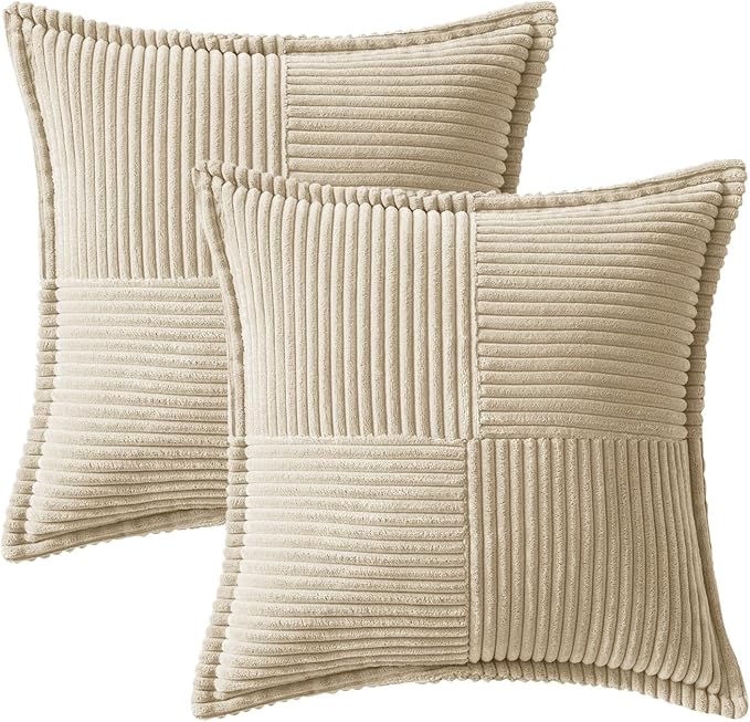 MIULEE Cream Corduroy Decorative Euro Sham Pillow Covers 24x24 Inch with Splicing Set of 2 Soft Boho Pillow Covers Broadside Textured Pillowcases for Couch Bed Livingroom